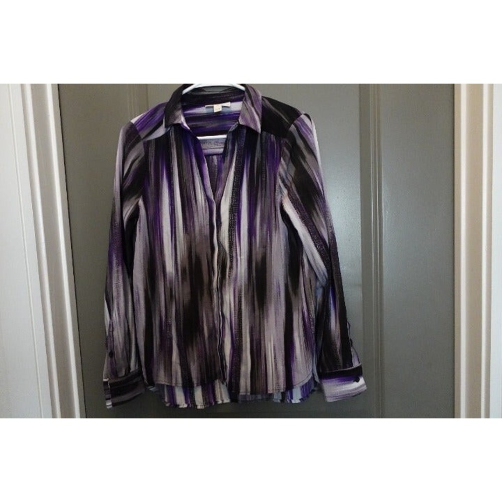 Dana Buchman Striped Button Down Long Sleeve Careerโ Blouse Purple Black Size S